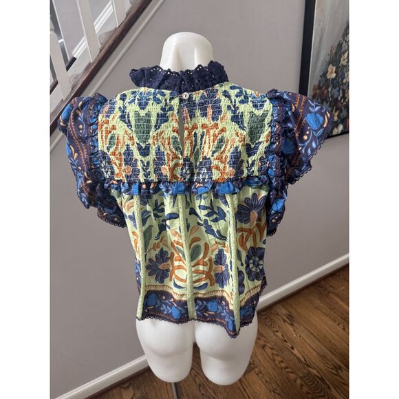 FARM Rio ocean tapestry green sleeveless cotton lace blouse size small - Picture 3 of 3